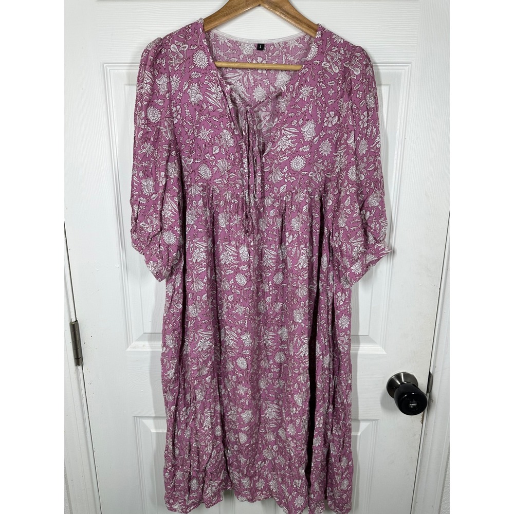 Unbranded Floral Midi Dress Women Small Pink Boho Puff Sleeve V-Neck‎ Viscose
